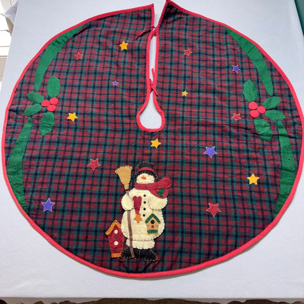Prima Creations Plaid Snowman Christmas Tree Skirt Red Green 42in Rustic Decor